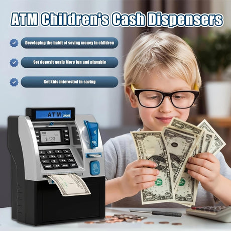 Electronic Piggy Bank for Kids, ATM Digital Savings Bank Money Box, Coin Recognition with Card & Password, Children’s Money Bank with LCD Display & Sound (Black)