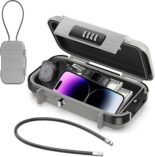 Diyife Small Safe Box Portable 4 Digit Code Safe Security Box, Waterproof | with 6 mm Thick Removable Wire Rope, Secures Valuables when Travel, on the Beach, Camping, in the Office, Cars