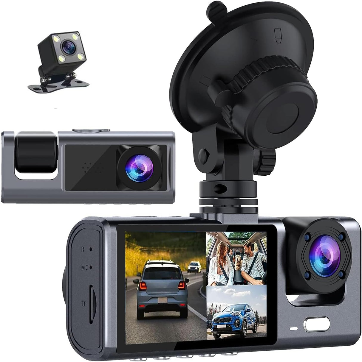 Exrp 3 Channel Dash Cam Front and Rear Inside, 1080P Dash Camera for Cars, Dashcam Three Way Triple Car Camera with IR Night Vision, Loop Recording, G-Sensor, Parking Monitor, 24 Hours Recording
