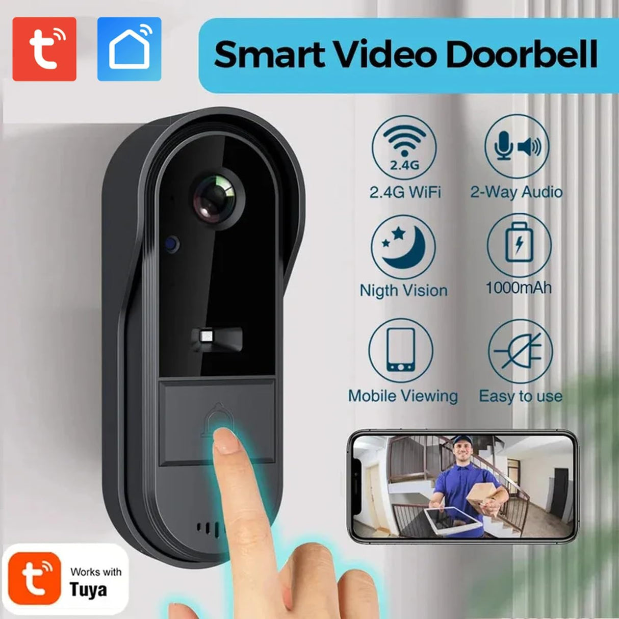 UanTii Tuya Smart Video Doorbell 720P HD Wireless Video Intercom Door Bell Camera Two-Way Audio Night version for Home Security