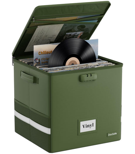 DocSafe Vinyl Record Storage Box with Lock,Fireproof＆Water Resistant Record Organizer Storage for 100+ Single Records(12-inch),Collapsible Storage Crate with Lid&Handles for Valuable Album Collection