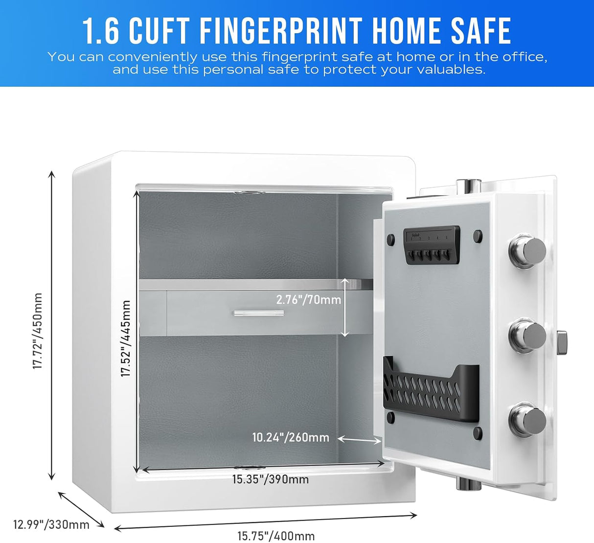 RPNB Home Safe Box,Personal Money Safe,Biometric Cabinet Safes,45 L | White Money Safe for Home, Metal Office Safe with Fingerprint Lock,Voice Prompt,One-Touch Unlock,Jewellery Drawer,Home,Hotel