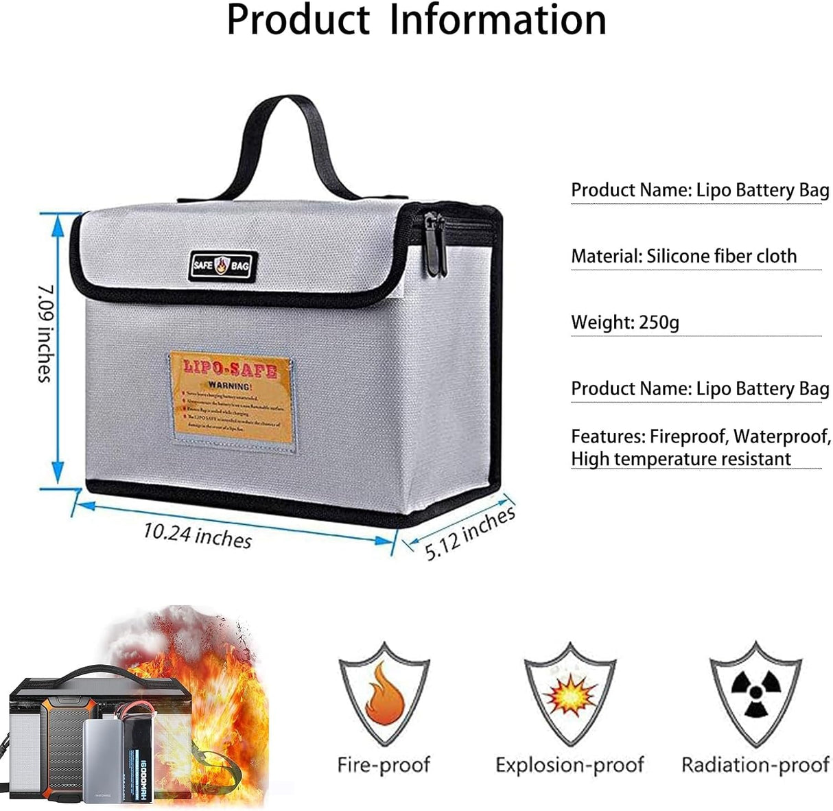 Fireproof & Waterproof Lipo Battery Safe Storage Bag, Large Capacity Explosion-Proof Case with Double Zipper for Charging/Transport, Silver Grey (10.24"x7.09"x5.12")