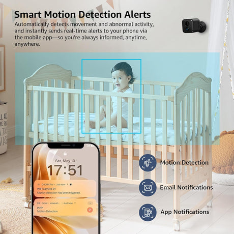 Mini Camera 4K Indoor Security Camera with 3-Day Cloud Storage, App Control & Remote Access, AI Motion Detection, Night Vision, 60-Day Battery, Smart Standby, Compact Design for Home Monitoring