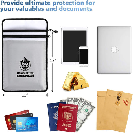 andyer Upgraded Two Pockets Fireproof Document Bag (2000℉), 15”x 11”Waterproof and Fireproof Money Bag with Zipper, Fire Safe Storage for Valuables,Money,Jewelry,Legal Documents,File and Tablet