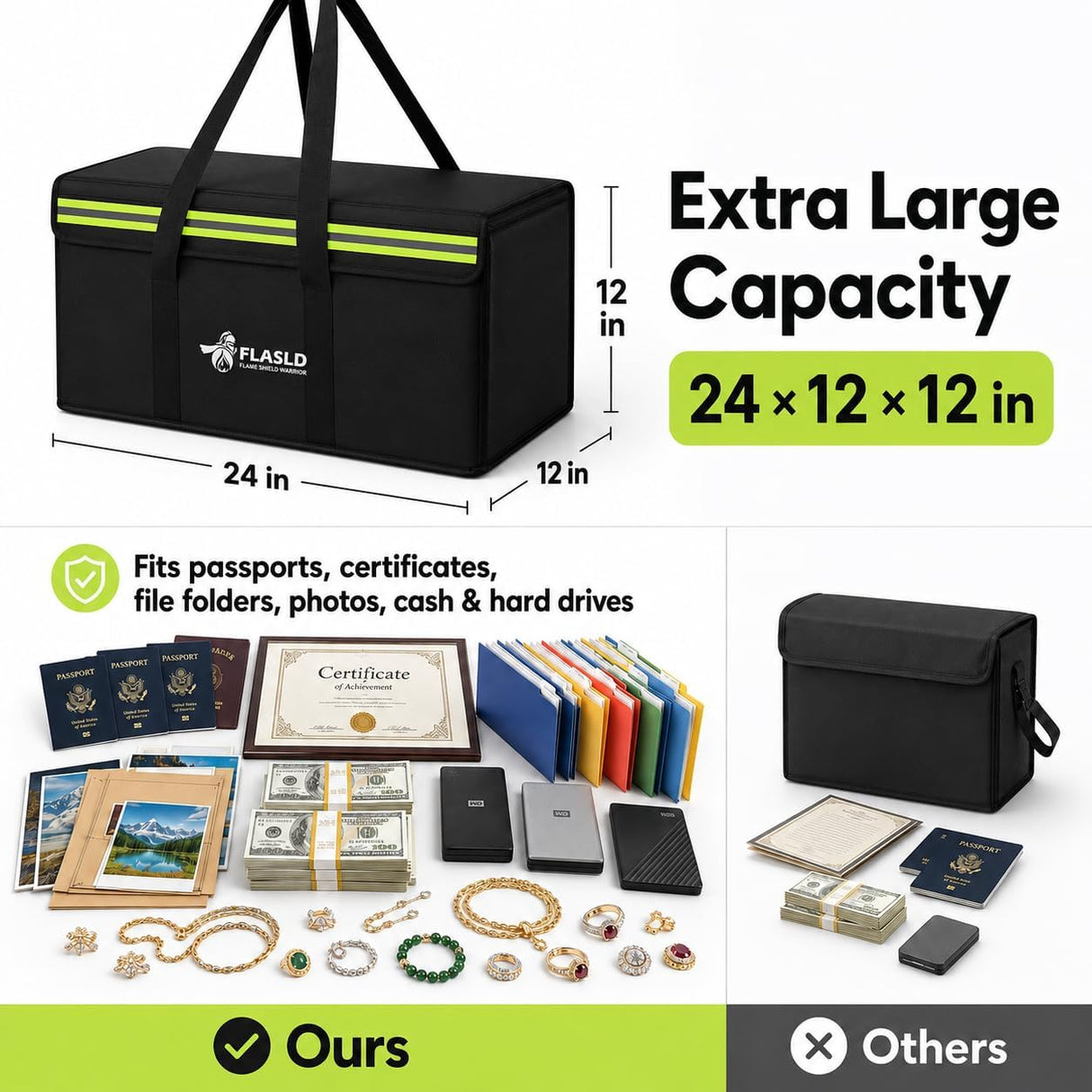 FLASLD Fireproof Document & Money Bags, Large Fireproof & Water Resistant Bag, Fireproof Folder Safe Bag for Cash, Valuables & Passport, with Silicone Coating & Zipper Closure (Storage Bag-24x12x12”)