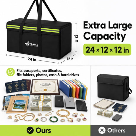 FLASLD Fireproof Document & Money Bags, Large Fireproof & Water Resistant Bag, Fireproof Folder Safe Bag for Cash, Valuables & Passport, with Silicone Coating & Zipper Closure (Storage Bag-24x12x12”)