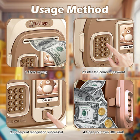 Electronic Money Box for Kids – Azonee Fingerprint Money Saving Box with Music, ATM Style Coin Bank for Girls & Boys, Secure Digital Money Box for Saving Coins, Birthday for Boys Girls (Light Brown)