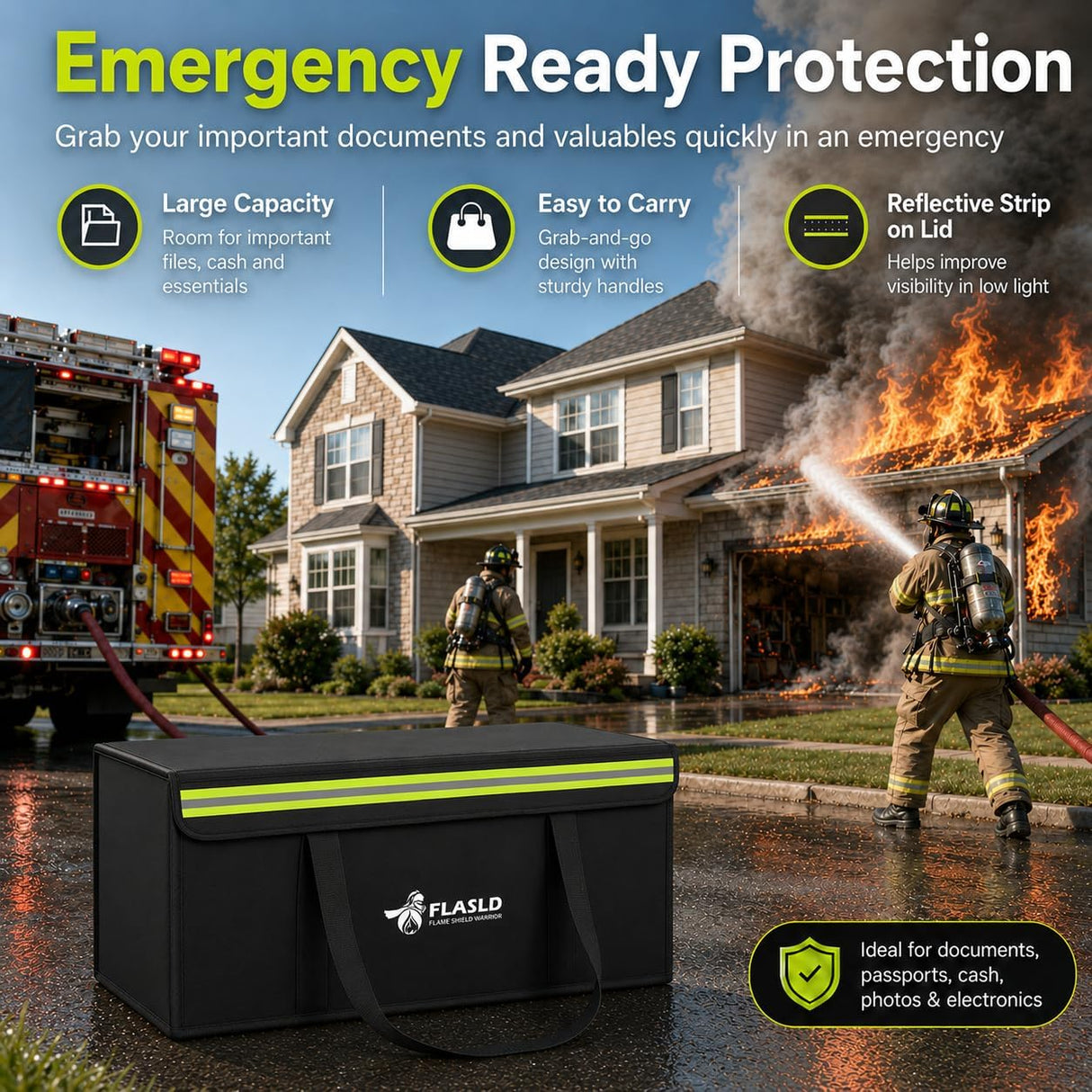 FLASLD Fireproof Document & Money Bags, Large Fireproof & Water Resistant Bag, Fireproof Folder Safe Bag for Cash, Valuables & Passport, with Silicone Coating & Zipper Closure (Storage Bag-24x12x12”)