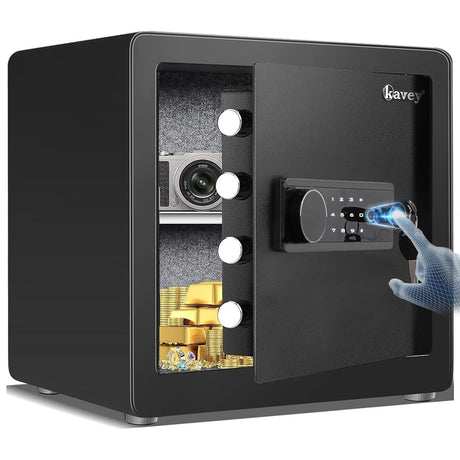 kavey 2.0 Cub Biometric Safe Box, Home Safe with LCD Keypad & Hidden Knob, Large Fingerprint Safe with 2 Adjustables & Metal Storage Box, Money Box with Dual Alarm & Mute Mode for Home (Black)