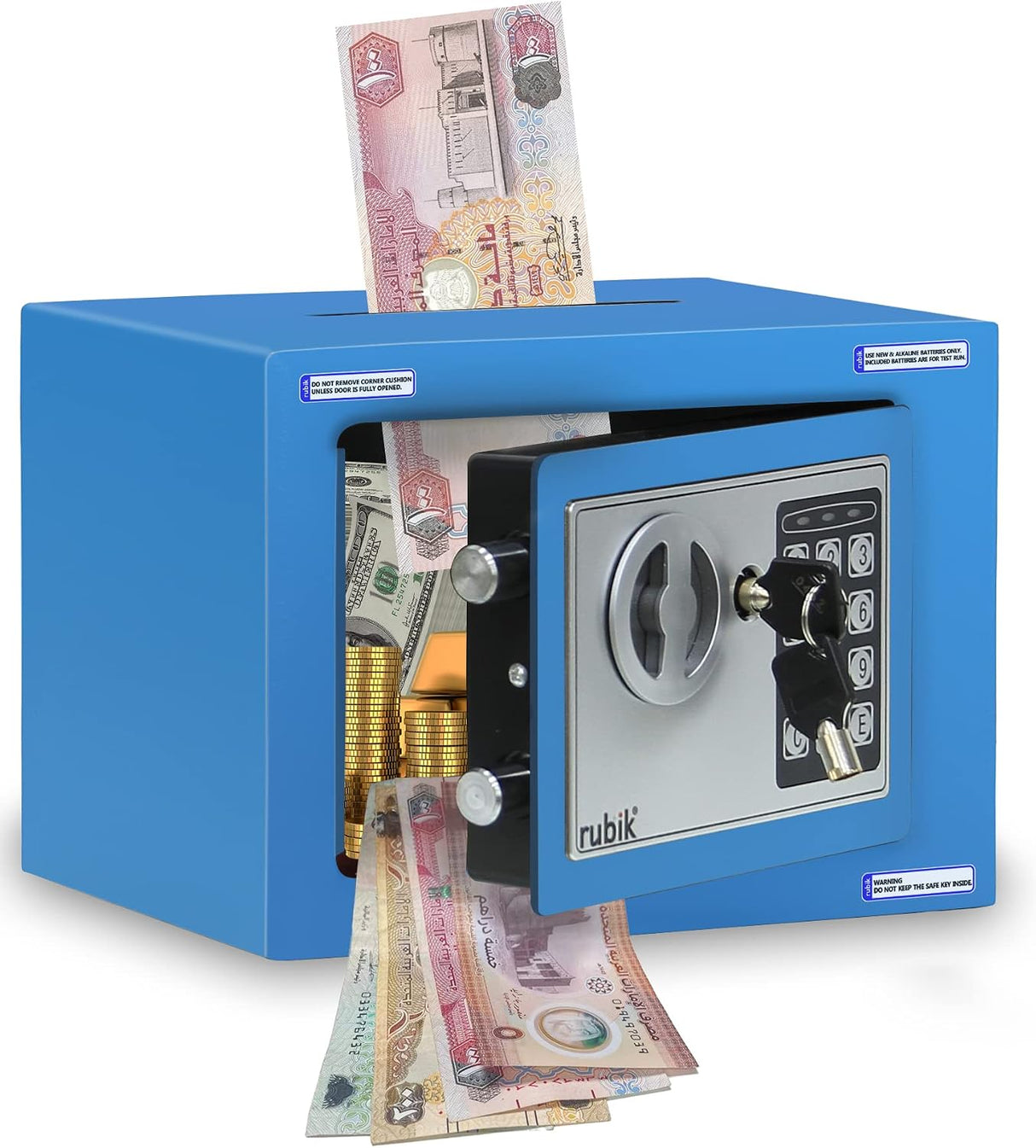 Rubik Mini Cash Deposit Drop Slot Safe Box with Key and Pin Code Option (Blue)