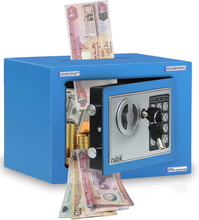 Rubik Mini Cash Deposit Drop Slot Safe Box with Key and Pin Code Option (Blue)