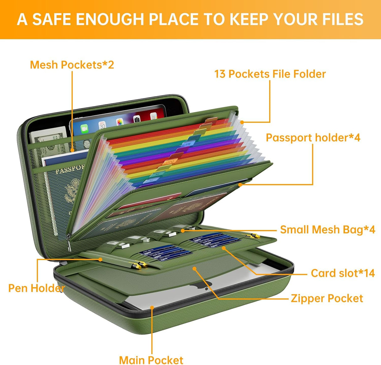DocSafe Fireproof File Organizer with Lock, Green, 15.55 x 3 x 11.5 inches, Hard-Shell Fireproof File Organizer