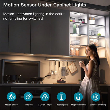 Motion Sensor Under Cabinet Lighting-Magnetic Rechargeable Closet Lights for Kitchen,Stairs,Wardrobe | 3-Color Dimmable LED Under Counter Lighting | Pro Battery Upgrade​ (20cm-2Pack)