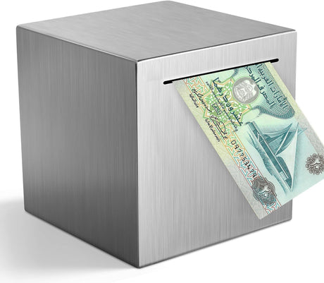 Piggy Bank for Adults Must Break to Open, Stainless Steel Metal Money Savings Box for Cash Coin (4.72 inch) Silver