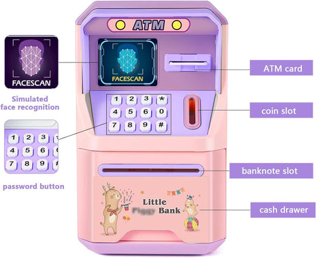 Kids ATM Money Bank with Face Recognition and Music, Smart Voice, Secure Lock, Large Capacity, Ideal Birthday Gift for Boys and Girls