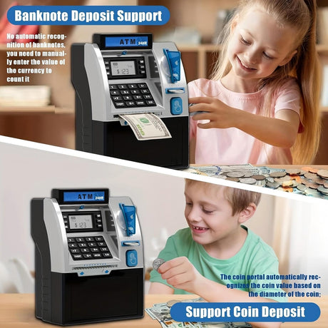Electronic Piggy Bank for Kids, ATM Digital Savings Bank Money Box, Coin Recognition with Card & Password, Children’s Money Bank with LCD Display & Sound (Black)