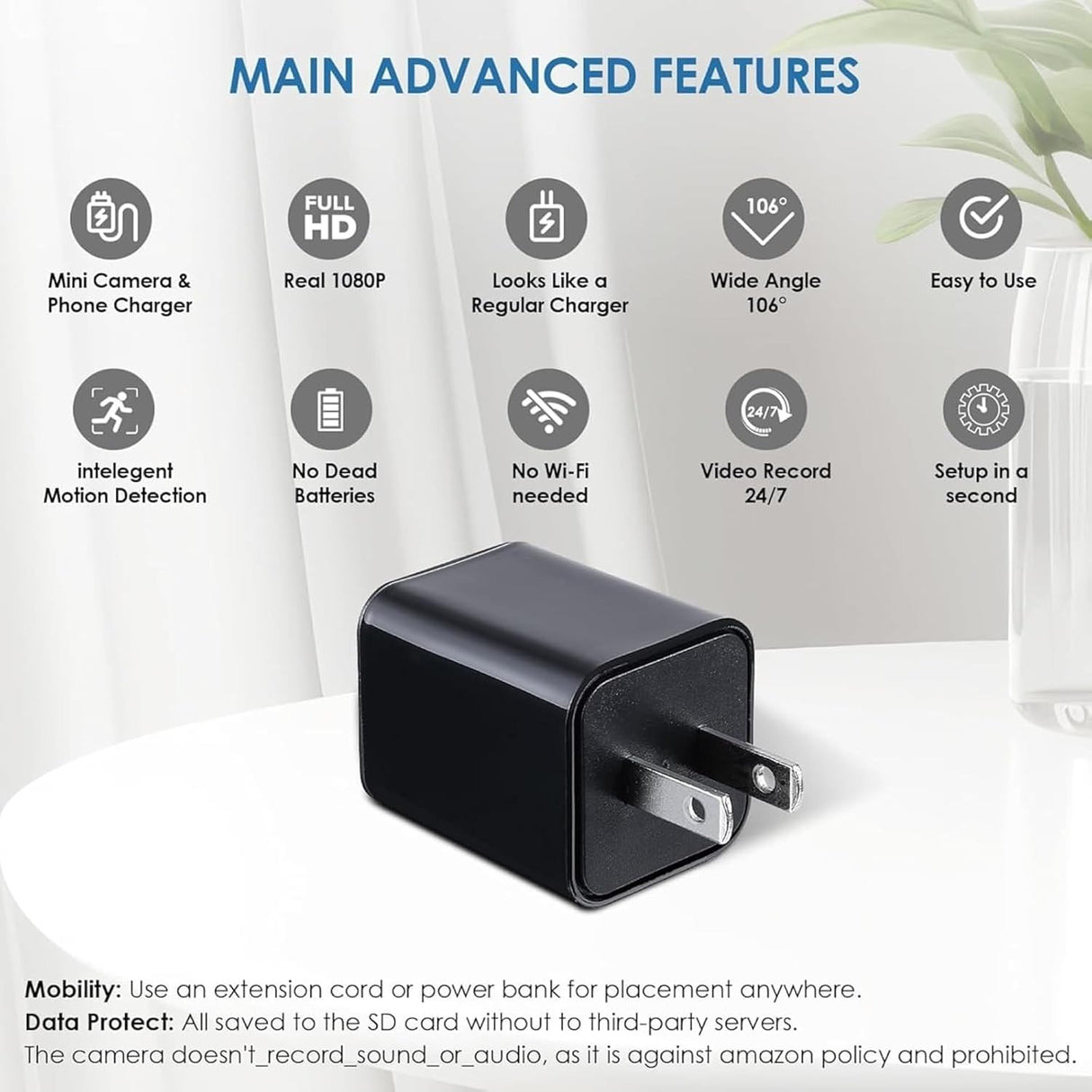 1080P WiFi USB Wall Plug Camera – HD Indoor Security Camera with Motion Detection, Night Vision & Loop Recording – Compact USB-Powered for Home and Office Monitoring