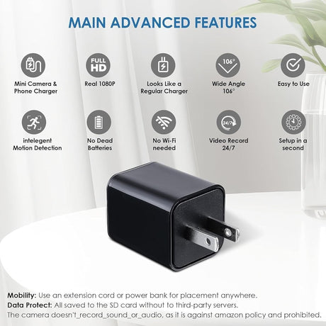 1080P WiFi USB Wall Plug Camera – HD Indoor Security Camera with Motion Detection, Night Vision & Loop Recording – Compact USB-Powered for Home and Office Monitoring