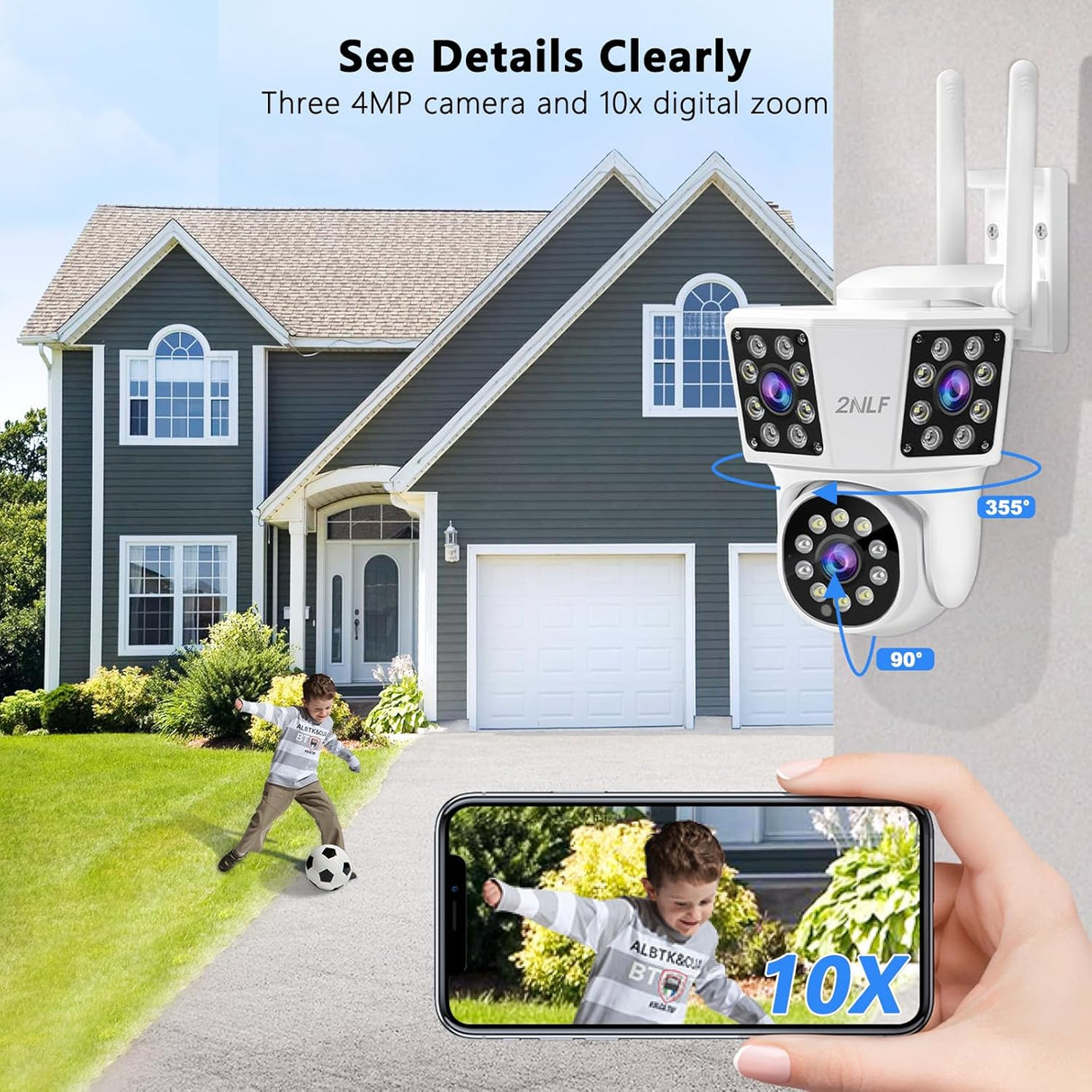 2NLF 4MP Outdoor WiFi Security Camera, 3-Lens, 360° Auto Tracking