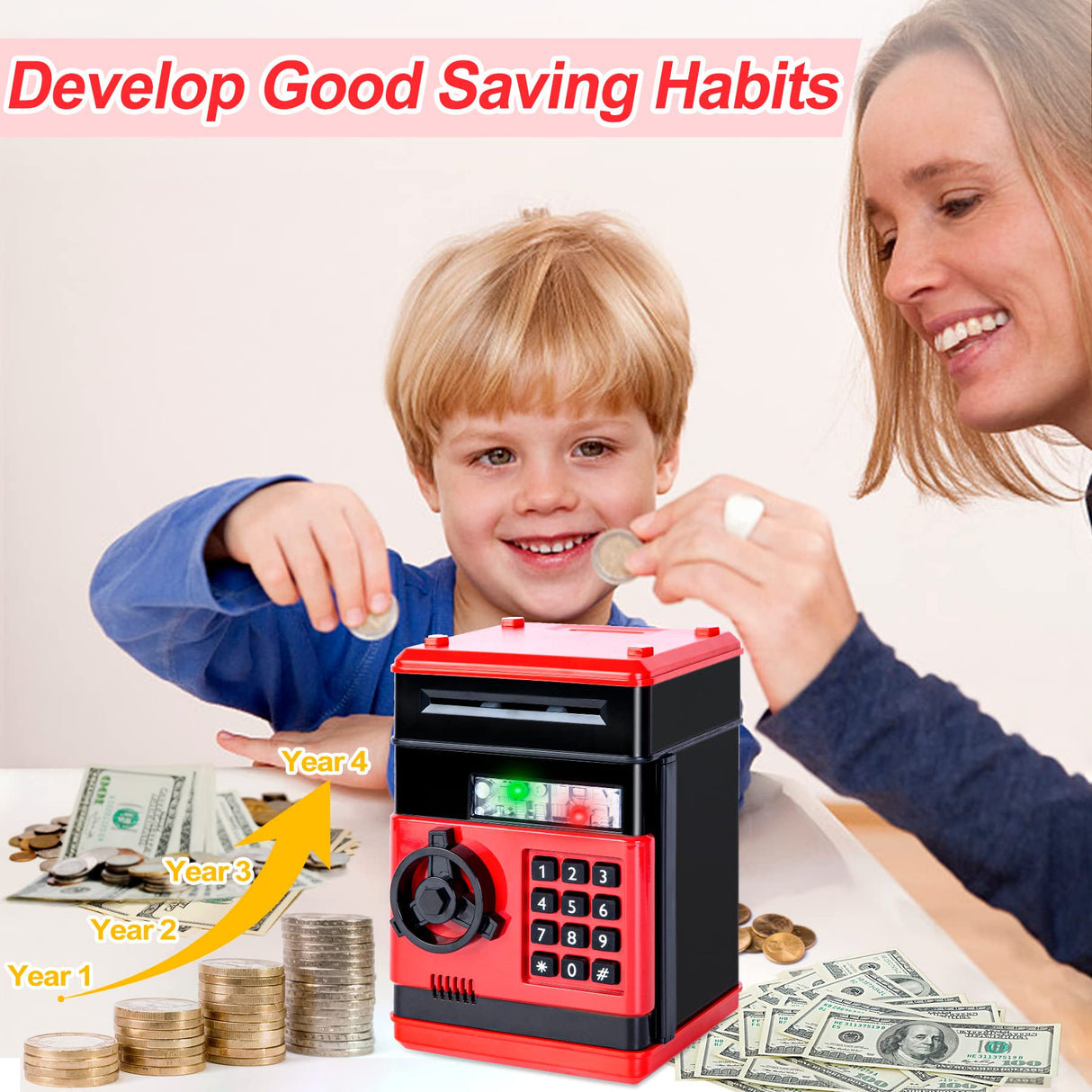 Refasy Piggy Bank for Girls & Boys, 4-11 Years - Electronic ATM Money Bank for Kids & Adults, Safe Coin Bank Toy, Pink