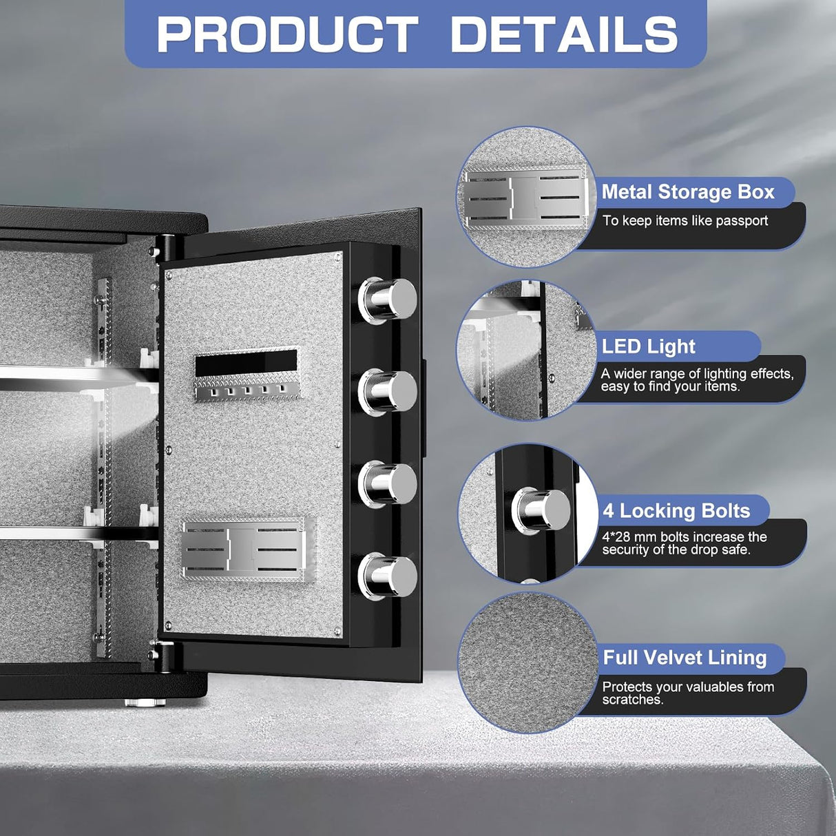 kavey 2.0 Cub Biometric Safe Box, Home Safe with LCD Keypad & Hidden Knob, Large Fingerprint Safe with 2 Adjustables & Metal Storage Box, Money Box with Dual Alarm & Mute Mode for Home (Black)