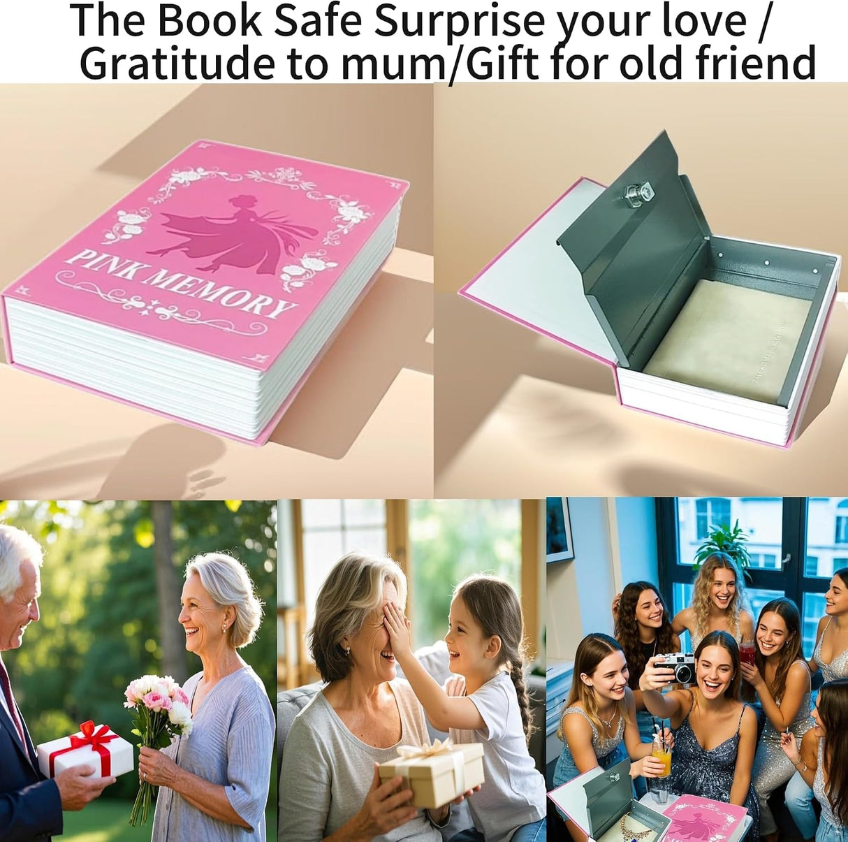Book Safe Storage Box with Key Lock, Book Safe Lock Box,Fake Book Box with Waterproof Cosmetic Bag, Secret Compartment for Valuables,Hidden safes in Plain Sight(Pink Memory)