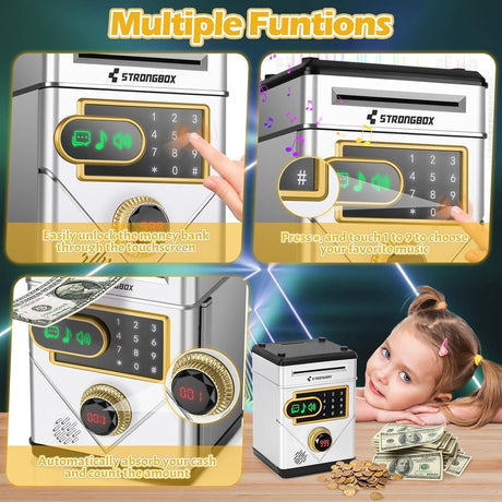 Piggy Bank for Kids, Touchscreen Electronic Piggy Bank Mini ATM, Coin Banks with Password & 10 Songs, Auto Money Scroll, Counting The Number, Adults Digital Real Money Box (Silver)