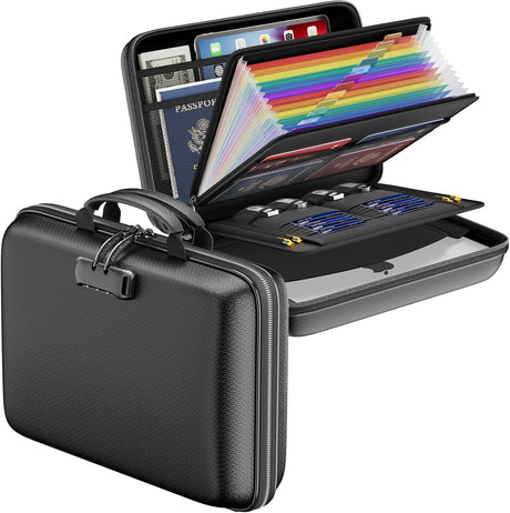 Fireproof File Organizer with Lock, Hard-Shell Case Fireproof Document Box with 13 Pocket Accordion File Folder, Portable Home Office Travel Safe Storage for Important Documents Laptop Black