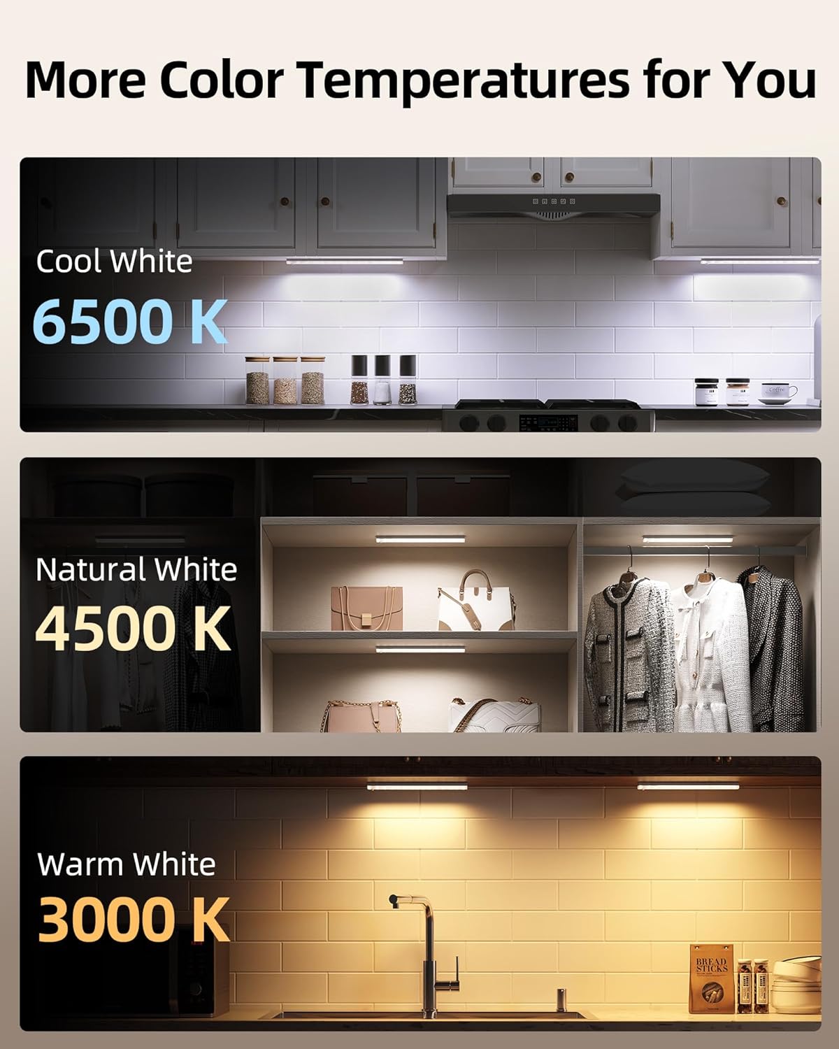 EZVALO 6-Pack Under Cabinet Lighting with Charging Station, Rechargeable Motion Sensor Lights, 3 Color Temps, Dimmable 62 LED Wireless Motion Activated Cabinet Lights with Remote for Kitchen,Pantry