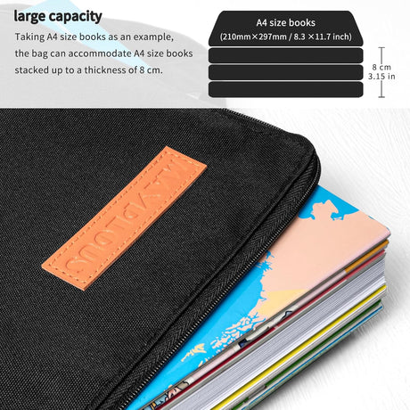 A4 Document Bag Portable File Organiser Bag Zip Portfolio Folder File Wallet with Handle File Carrying Case Large Document Holder Bag for Office School Business Travel Conference 37x27cm (Crow)