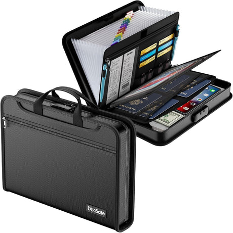 DocSafe Accordion File Organizer with Combination Lock,Fireproof Water Resistant Expanding File Folder with Multi Pockets,Document Organizer Home Office Travel Safe Storage for Letter Size Files,Black