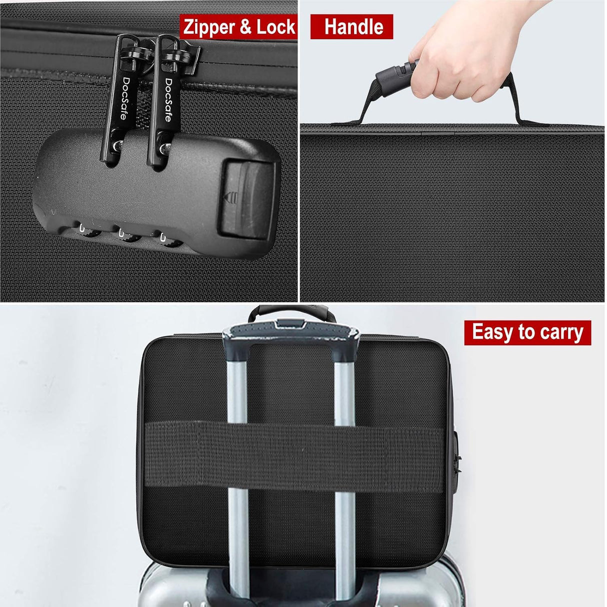 DocSafe Document Bag with Lock,Fireproof 3-Layer File Storage Case with Water-Resistant Zipper,Document Safe Portable Travel Home Organizer Bag