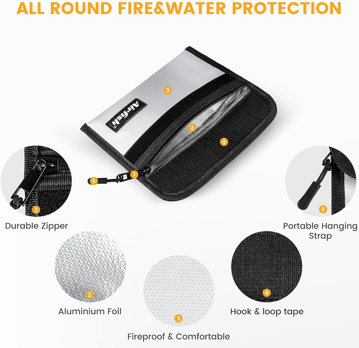 Airfish 4 Pack Fireproof Money Bag,8x5Inches Fireproof Wallet,Small Fireproof Document Bag with Zipper,Safe Bag Set for Valuables