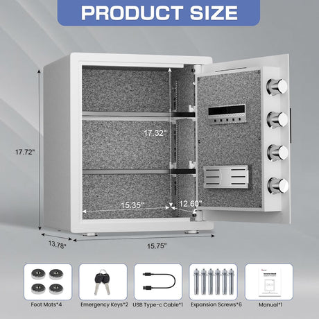 kavey 2.0 Cub Biometric Safe Box, Home Safe with LCD Keypad & 2 Adjustable Shelves, Fingerprint Money Safe with Dual Alram & Mute Alarm, Large Security Cabinet Safe for Vaulables (White)