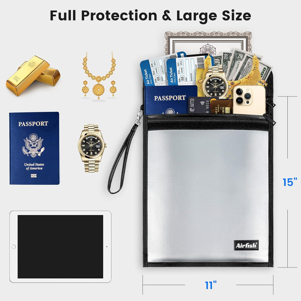Large Fireproof Document Bag with Waterproof Zipper &Wider Airtight Velcro,15"x 11Non-ltchy Silicone Coated Fiberglass Fire and Water Safe Bag for File, Cash,Jewelry and Valuables