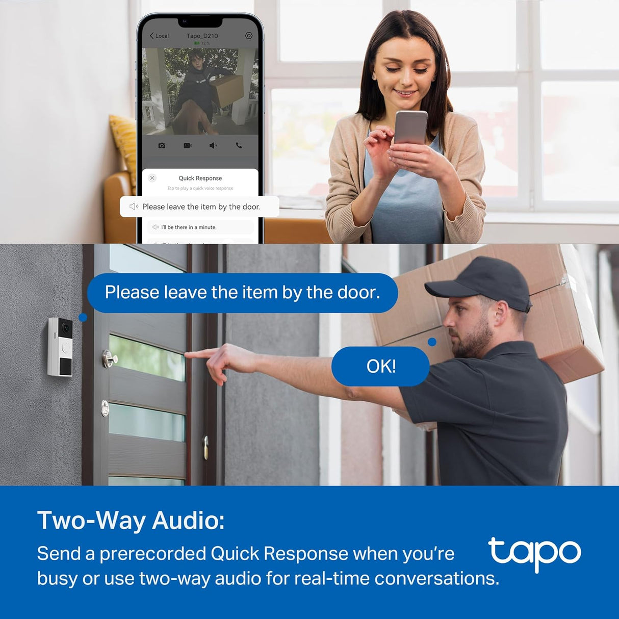 TP-Link Tapo Smart Video Doorbell Camera Wireless with Chime, 2K with Full Color Night Vison & Spotlights, No Monthly Fee, Ring Call, 160° Ultra-Wide View, Free AI Detection, Local Storage (D210)