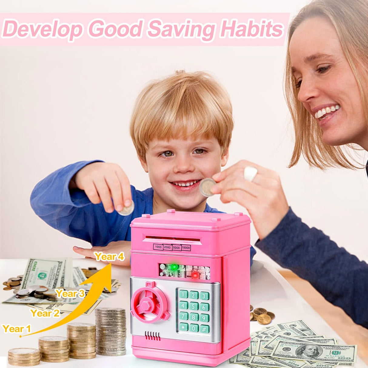 Refasy Piggy Bank for Girls & Boys, 4-11 Years - Electronic ATM Money Bank for Kids & Adults, Safe Coin Bank Toy, Pink