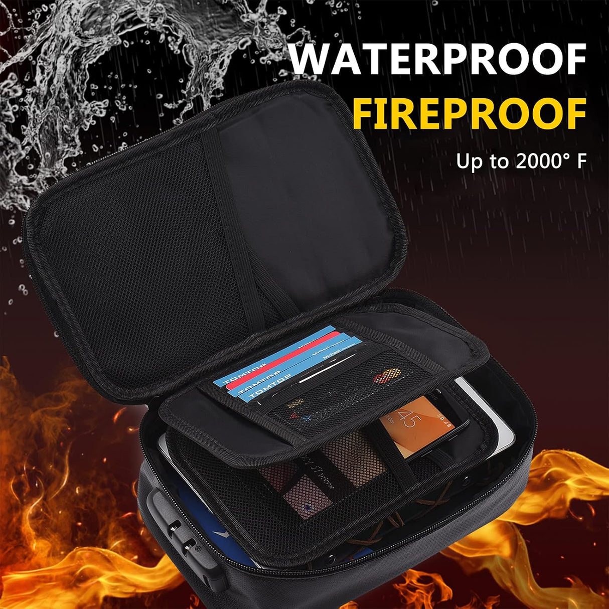 Fireproof File Document Bag Safety Organizer with 3-Digit Lock Zipper Closure Fire & Water Resistant Money Pouch Multi-Layer Card Case for Home Office Travel Passport Certificates