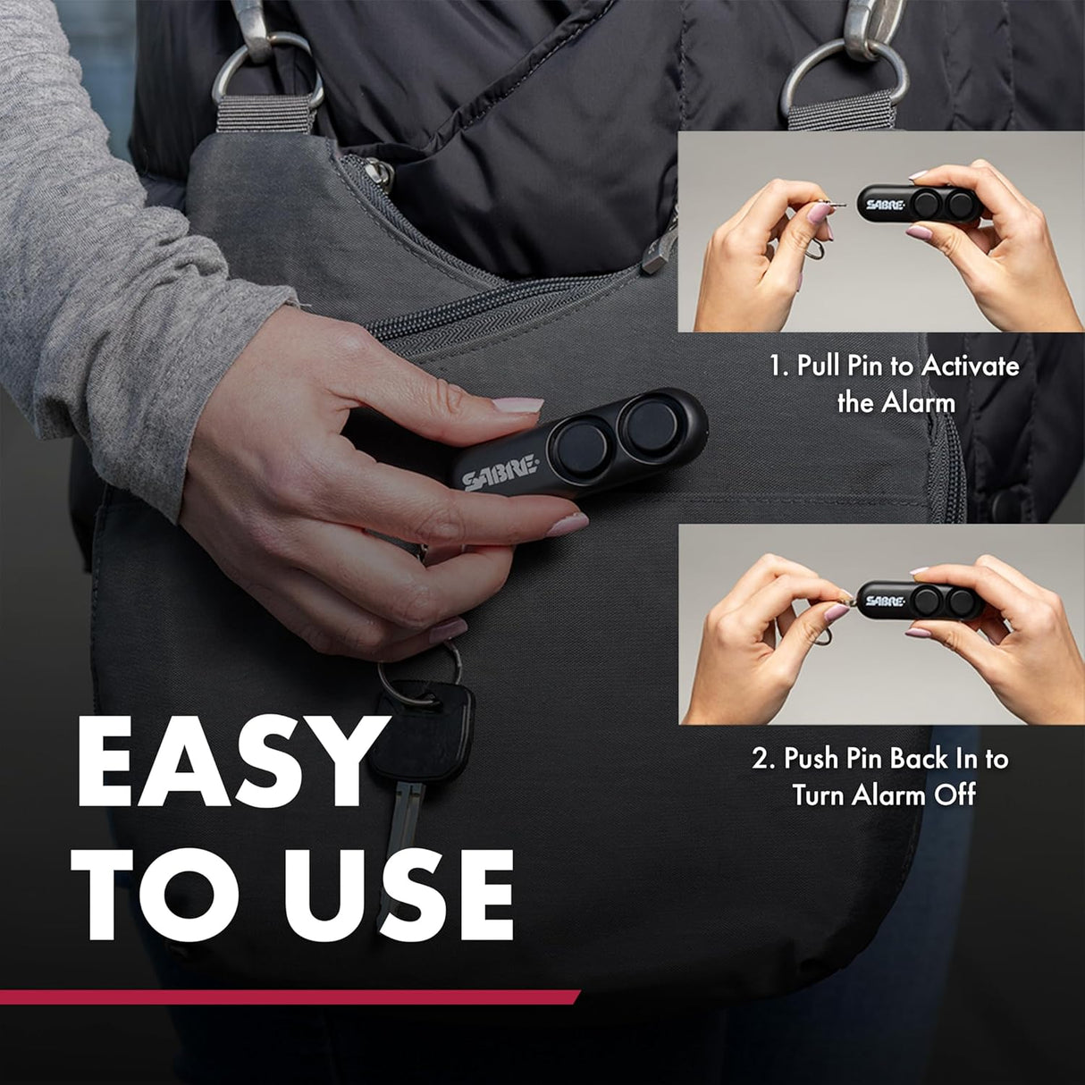 SABRE Personal Alarm With Key Ring, 120dB Alarm, Audible Up To 1,280 Feet (390 Meters), Simple Operation, Reusable, Black
