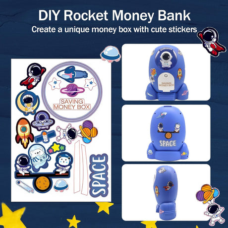 Rocket Ship Coin Bank for Boys Money Safe Astronaut Coin Banks for Kids Cash Coin Can ATM Bank Coin Money Bank for Kids with Key Astronaut Sticker Practical Gifts for Children Boys and Girls (Blue)