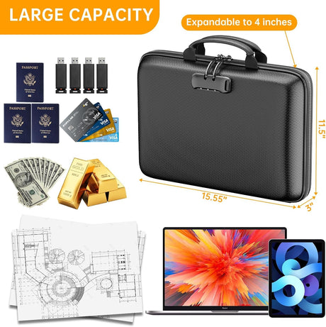 Fireproof File Organizer with Lock, Hard-Shell Case Fireproof Document Box with 13 Pocket Accordion File Folder, Portable Home Office Travel Safe Storage for Important Documents Laptop Black