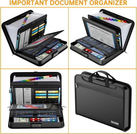 DocSafe Accordion File Organizer with Combination Lock,Fireproof Water Resistant Expanding File Folder with Multi Pockets,Document Organizer Home Office Travel Safe Storage for Letter Size Files,Black