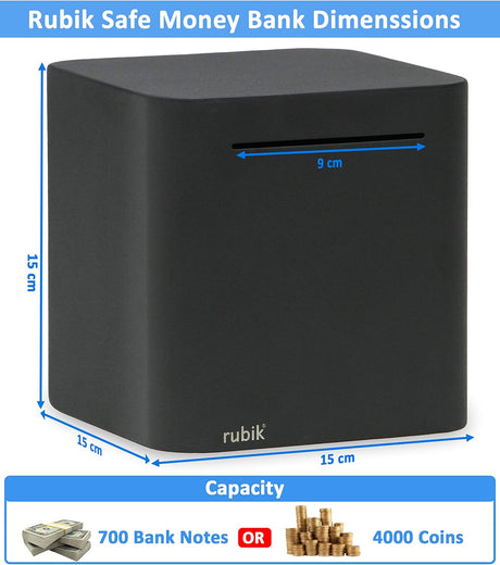 Rubik Piggy Bank for Adults, Stainless Steel Money Saving Box for Cash Coin to Help Budget and Save, Must Break to Access Money (6 Inch) Black