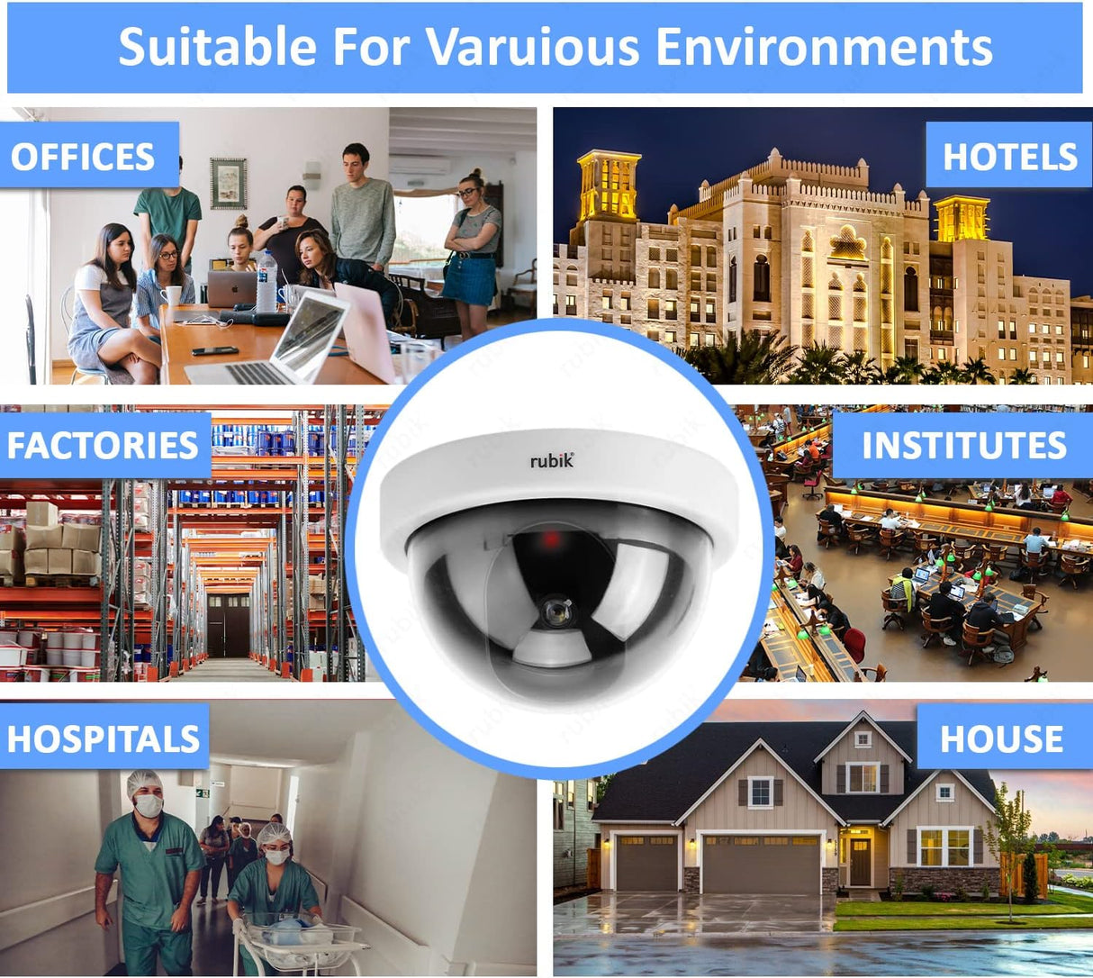Rubik 3pc Dummy CCTV Dome Camera with Red LED Light, Fake Surveillance Simulation Camera Security Indoor Dome Camera with LED Light (White)