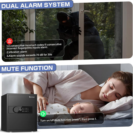 kavey 2.0 Cub Biometric Safe Box, Home Safe with LCD Keypad & Hidden Knob, Large Fingerprint Safe with 2 Adjustables & Metal Storage Box, Money Box with Dual Alarm & Mute Mode for Home (Black)