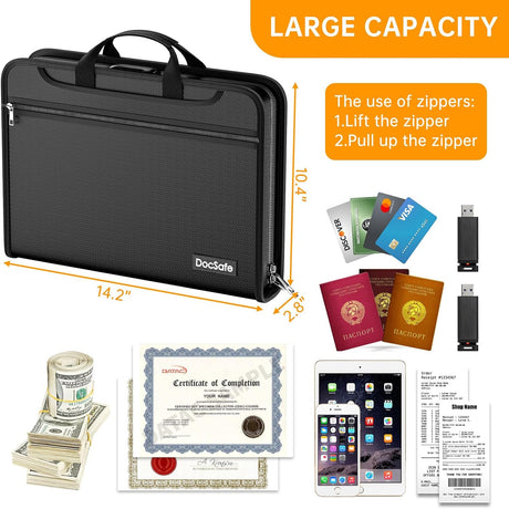 DocSafe Accordion File Organizer with Combination Lock,Fireproof Water Resistant Expanding File Folder with Multi Pockets,Document Organizer Home Office Travel Safe Storage for Letter Size Files,Black