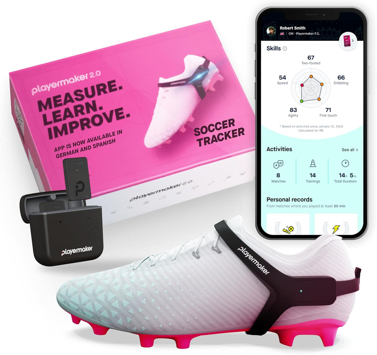 Playermaker 2.0 Smart Soccer Tracker for Cleats, 25+ Technical & Physical Soccer Training Metrics, 12 Month Access to Playermaker Technology App, Next-Level Precision Beyond GPS Trackers, Medium