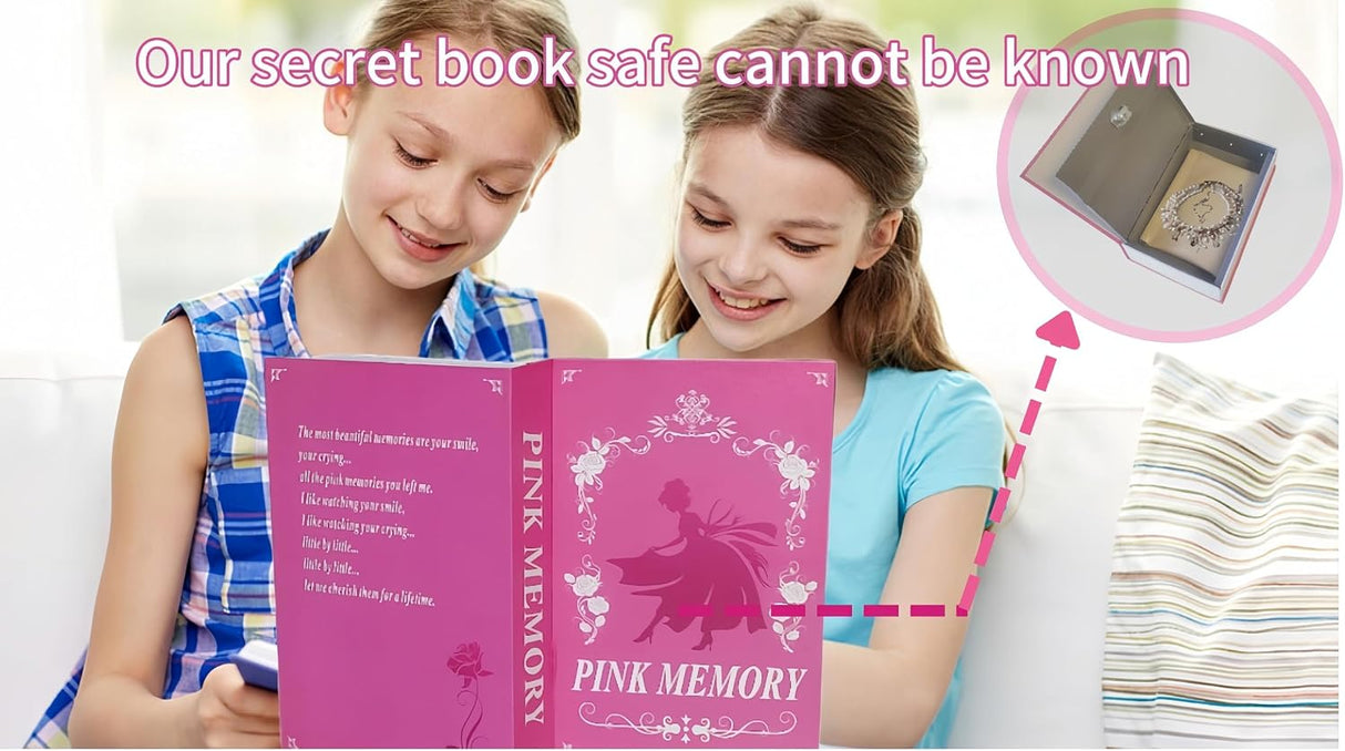 Book Safe Storage Box with Key Lock, Book Safe Lock Box,Fake Book Box with Waterproof Cosmetic Bag, Secret Compartment for Valuables,Hidden safes in Plain Sight(Pink Memory)