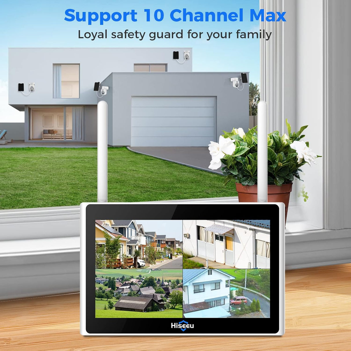 Hiseeu Solar Camera Outdoor, 4PCS 4MP Wireless Security Camera System with 10in LCD, 2-Way Audio, PT 360, Night Vision, Motion Detection, 10CH Expandable, 2.4G WiFi